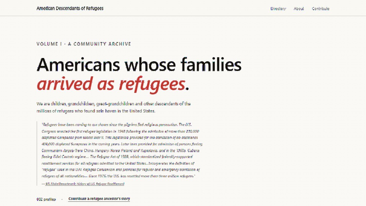 American Descendants of Refugees website landing page screenshot